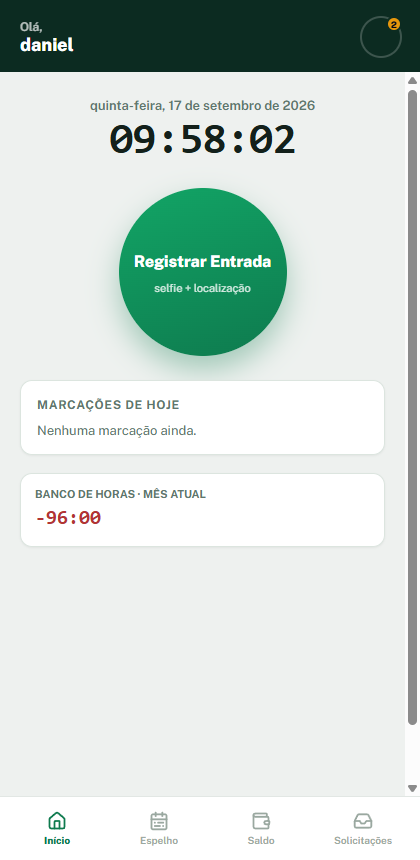 App do funcionário no celular, com botão de registrar entrada, marcações do dia e banco de horas